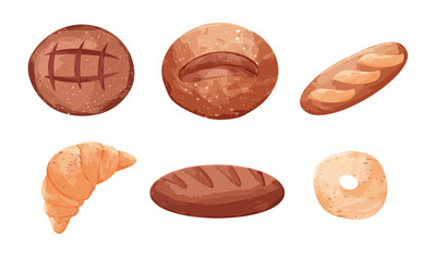 Set of different types of baked goods with different types of bread sweet buns. Vector illustration in flat cartoon style