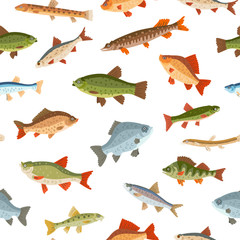 Seamless freshwater fish pattern. A vector seafood