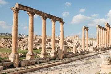 Ruin columns in Jerash ,the best preserved ancient Roman city in Jordan