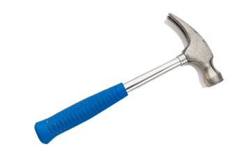 Blue hammer on white background. Selective focus.
