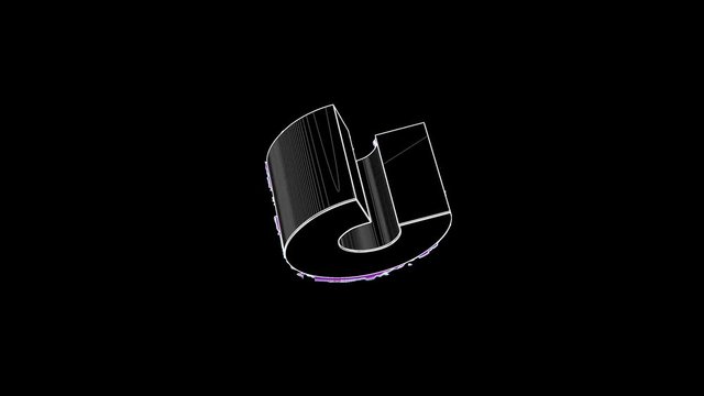 A 3D lower case letter c model wireframe, rotating slowly and glitching