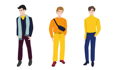 Set of handsome young men in classic elegant clothes and suits.Vector illustration in flat cartoon style