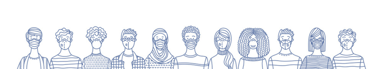 Multicultural group of people wearing disposable medical masks together