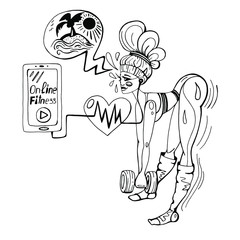 The girl is engaged in fitness online at home, through an app on her phone and dreams of the sea. Home training in a pandemic environment.Linear style, isolated vector objects.For a fitness blog .