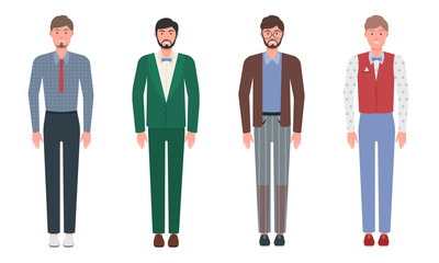 Set of handsome young men in classic elegant clothes and suits.Vector illustration in flat cartoon style