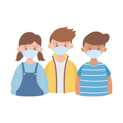 young boys and girl with protective mask medical, prevention coronavirus outbreak disease covid 19