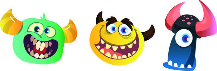 cartoon monster faces isolated. Vector set of monsters and aliens. Halloween design . Design for print, party decoration, t-shirt, illustration, logo, emblem or sticker
