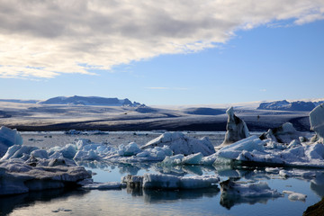 Jokulsarlon / Iceland - August 29, 2017: Ice formations and icebergs in Glacier Lagoon, Iceland, Europe