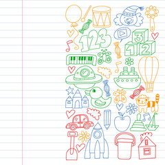 Kindergarten preschool school children. Kids drawing style vector pattern. Play grow learn together.