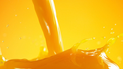 Orange juice splash on coloured background - obrazy, fototapety, plakaty