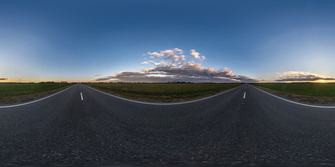 Full spherical hdri seamless panorama 360 degrees angle view on no traffic asphalt road among fields in sunny evening before sunset in equirectangular projection, VR AR content