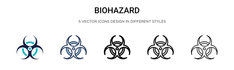 Biohazard icon in filled, thin line, outline and stroke style. Vector illustration of two colored and black biohazard vector icons designs can be used for mobile, ui, web