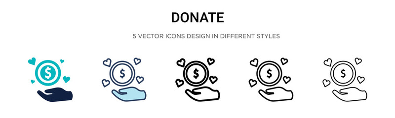 Donate icon in filled, thin line, outline and stroke style. Vector illustration of two colored and black donate vector icons designs can be used for mobile, ui, web