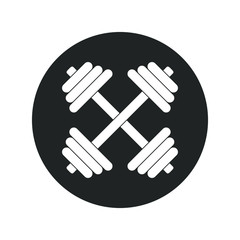Obraz premium Dumbbells graphic icon. Crossed dumbbells sign in the circle isolated on white background. Gym symbol. Vector illustration
