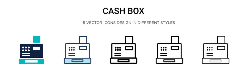 Cash box icon in filled, thin line, outline and stroke style. Vector illustration of two colored and black cash box vector icons designs can be used for mobile, ui, web