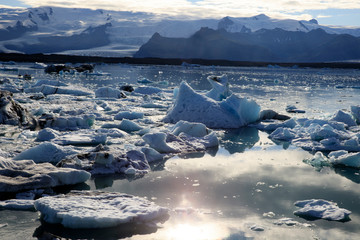 Jokulsarlon / Iceland - August 29, 2017: Ice formations and icebergs in Glacier Lagoon, Iceland,...