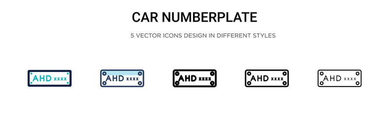 Car numberplate icon in filled, thin line, outline and stroke style. Vector illustration of two colored and black car numberplate vector icons designs can be used for mobile, ui, web - obrazy, fototapety, plakaty