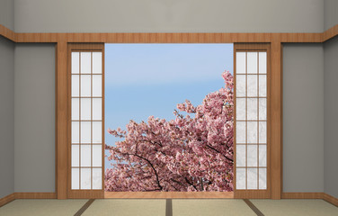 Japanese sliding doors with beautiful landscape of full blooming japanese cherry blossom SAKURA trees in spring season.