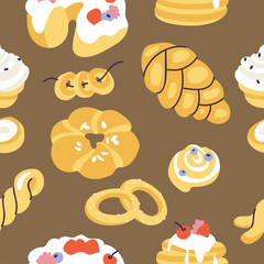 Vector illustartion assortment of different pastries. Seamless pattern for bakery shop.