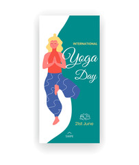 International yoga day - June 21 - social media story template with blond woman in tree pose or vrikshasana yoga asana. Physical activity as a way to relieve stress. Physical and mental health.