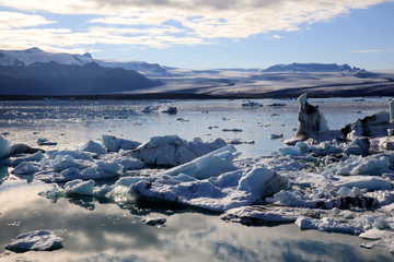 Jokulsarlon / Iceland - August 29, 2017: Ice formations and icebergs in Glacier Lagoon, Iceland, Europe