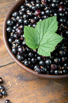 Black currant in a clay bowl top view.