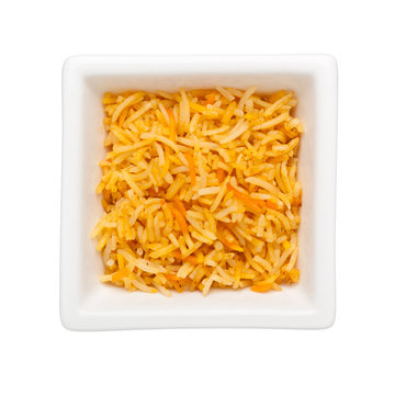 Biryani in a square bowl isolated on white background; 
