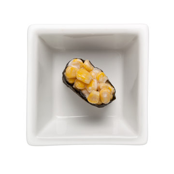 Sushi - Corn mayo gunkan in a square bowl isolated on white background; 