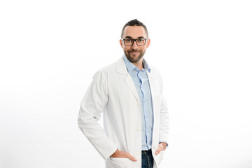 portrait of handsome man male doctor in hospital with a white lab coat studio shot isolated on white background