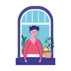 stay at home, coronavirus covid 19, young man looking at window with potted plant isolated icon