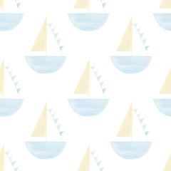 Kids, nursery watercolor seamless pattern with ship on white background. Nautical, sea background for kids textile, children covers, fabric, wallpaper. Cute blue boat. Summer season.