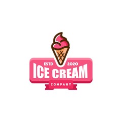 strawberry ice cream badge sign logo icon in trendy cartoon line style, retro and colorfull scoop logo illustration 