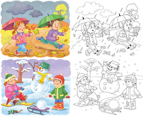 Obraz na płótnie Canvas Four seasons. Spring, summer, autumn, winter. Set of 8 pictures. Cute boy and girl are playing outdoors. In the forest. Coloring book. Poster. Illustration for children. Cartoon characters