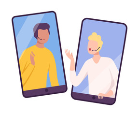 Two Businessmen Talking through Smartphone Screens, Online Communication, Business Meeting, Interviewing Flat Vector Illustration