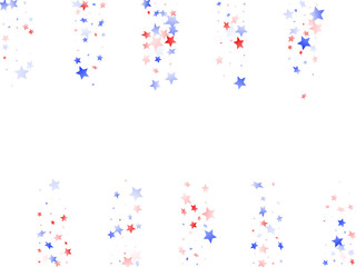 Flying red blue white star sparkles on white vector american patriotic background.