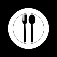 Isolated  fork with spoon and plate icon on black background. Vector black illustration