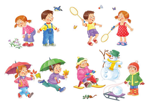 Four seasons. Spring, summer, autumn, winter. Set of 8 pictures. Cute boy and girl are playing outdoors. In the forest. Coloring book. Poster. Illustration for children. Cartoon characters