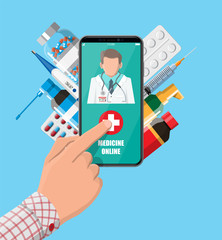 Mobile phone with internet pharmacy shopping app. Pills and bottles, medicine online. Medical assistance, help, support online. Health care application on smartphone. Vector illustration in flat style