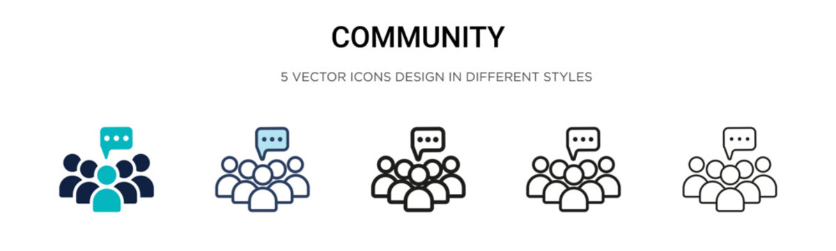 Community icon in filled, thin line, outline and stroke style. Vector illustration of two colored and black community vector icons designs can be used for mobile, ui, web