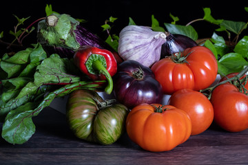 composition with vegetables: red onion, garlic, purple tomato, green tomato, red tomato and red pepper