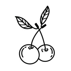 Two cherries on a stem with leaves. Black and white vector illustration of two berries of cherries close-up on a white background. Isolated objects for your design.