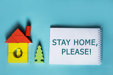 Text Stay home, please Concept of self-quarantine at home as a preventive measure against an...