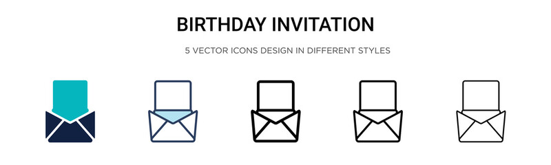 Birthday invitation icon in filled, thin line, outline and stroke style. Vector illustration of two colored and black birthday invitation vector icons designs can be used for mobile, ui, web