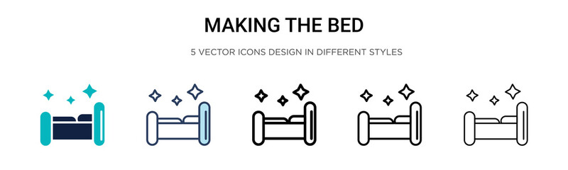 Making the bed icon in filled, thin line, outline and stroke style. Vector illustration of two colored and black making the bed vector icons designs can be used for mobile, ui, web