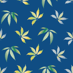 Cannabis leaves seamless vector pattern background. Hand drawn blue and gold hemp foliage backdrop. Stylish botanical marijuana design. All over print for wellness, health concept,packaging, print