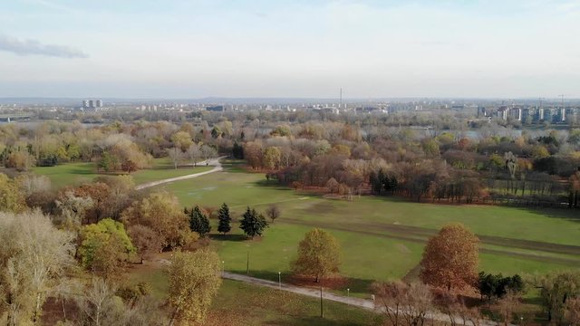 Aerial Pedestal Shot Over The Huge Obuda Island in Budapest Hungary During Autumn
