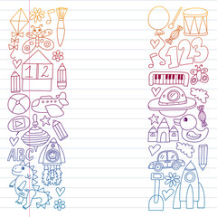 Kindergarten preschool school children. Kids drawing style vector pattern. Play grow learn together.