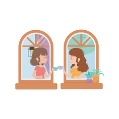 stay at home, women with coffee cups talking in the windows