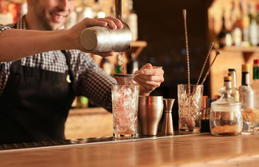 Fototapeta na wymiar Bartender making cocktail in pub