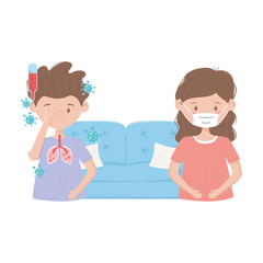 covid 19 quarantine, woman with mask and boy with fever disease pandemic coronavirus